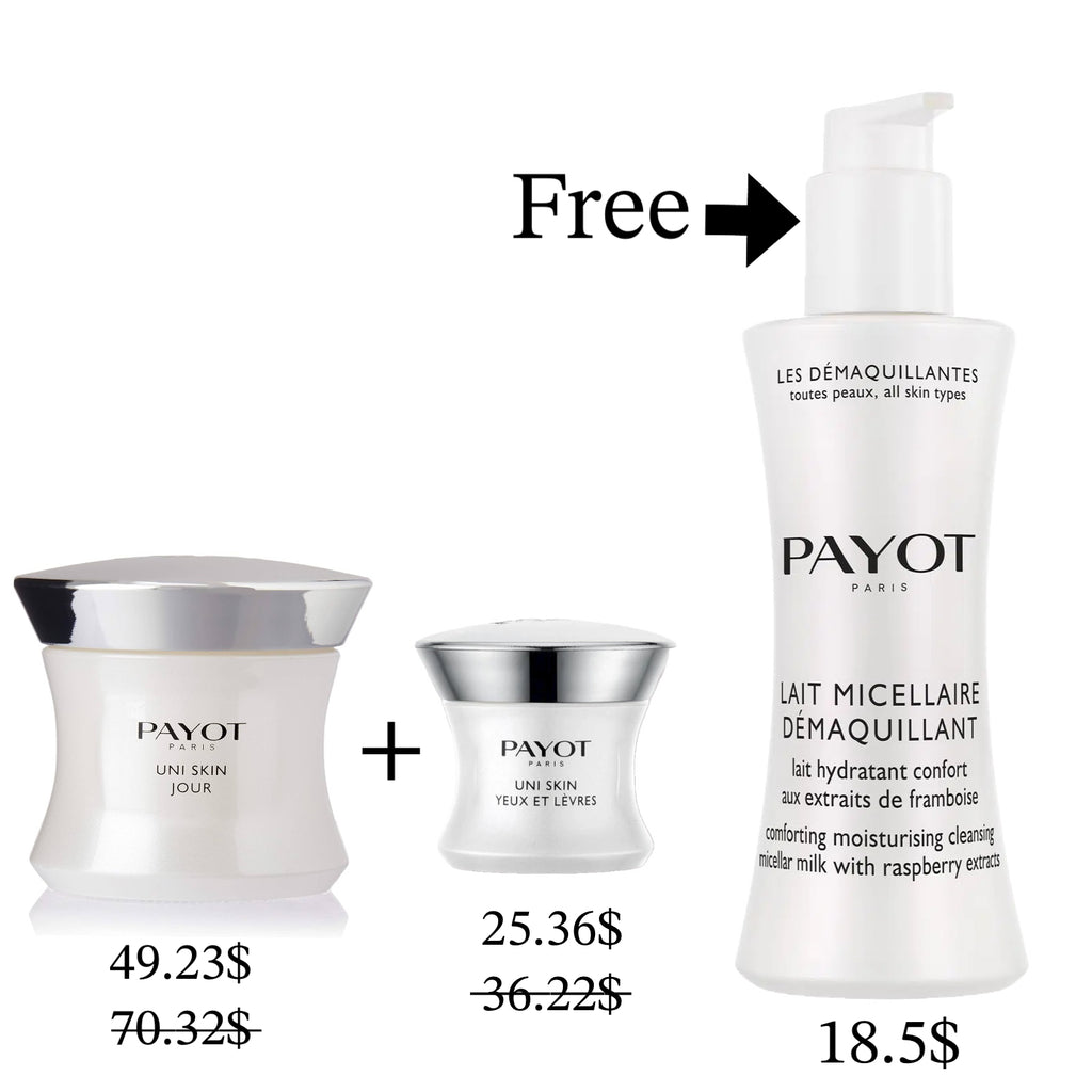 PAYOT UNI SKIN JOUR + UNI SKIN YEUX ET LÈVRES + LAIT MICELLAIRE DEMAQUILLANT (FREE)