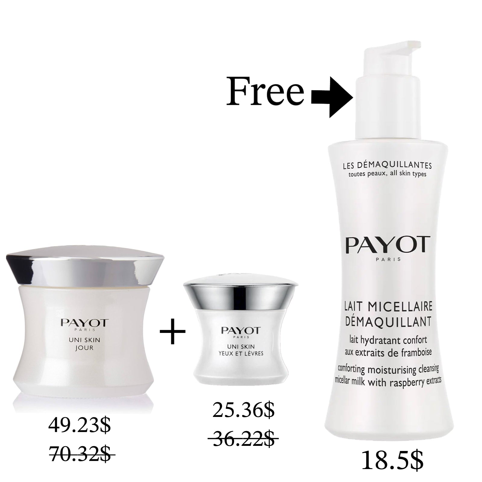 PAYOT UNI SKIN JOUR + UNI SKIN YEUX ET LÈVRES + LAIT MICELLAIRE DEMAQUILLANT (FREE)