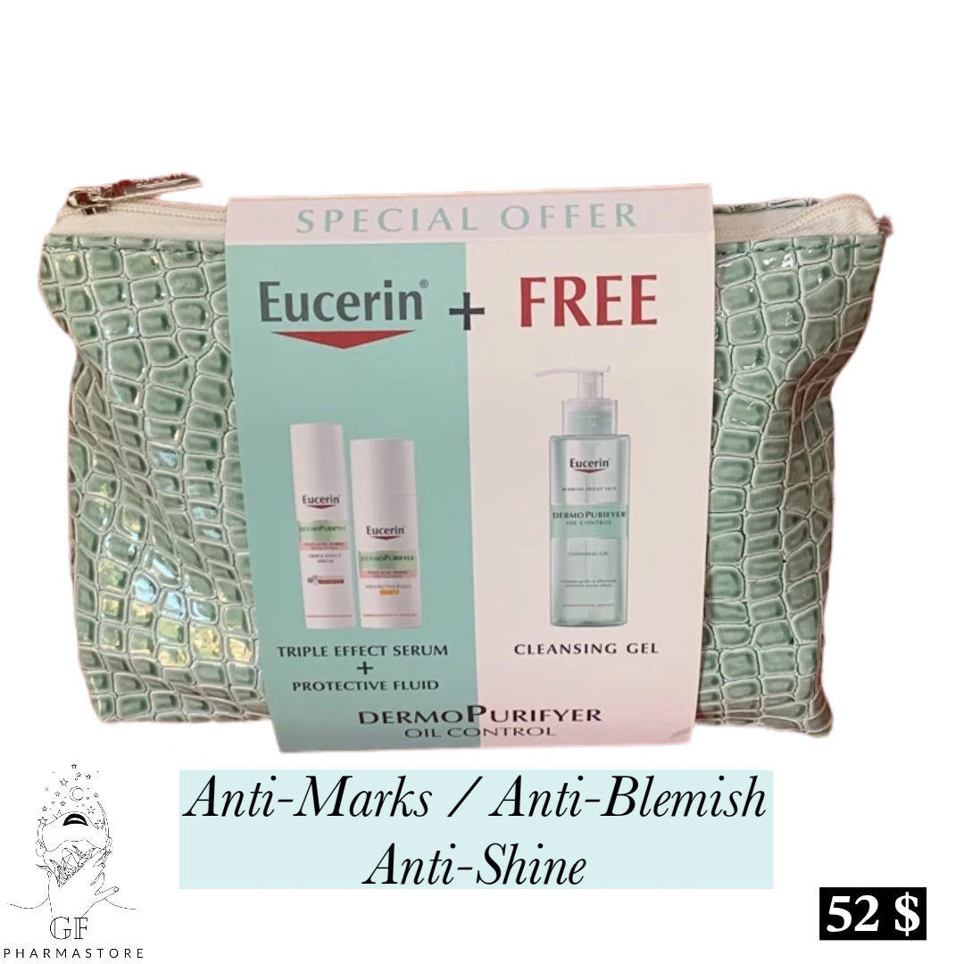 EUCERIN DERMOPURIFYER 
Triple Effect Serum + Protective Fluid + Cleansing Gel (Free)